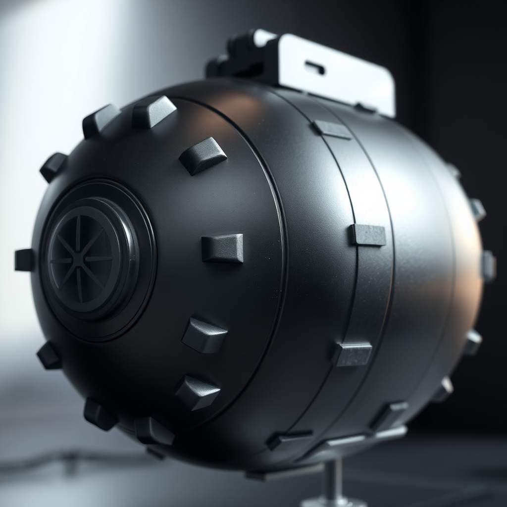 regenerate a high-resolution image of a large bomb with a sleek black surface and metallic fins, captured with a DSLR camera, 50mm lens, f/1.8 aperture, ISO 100, and side lighting for enhanced details and contrast