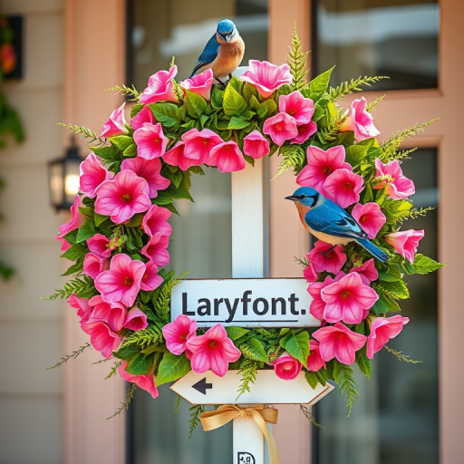 Create a vibrant floral wreath design featuring two bluebirds perched on top, adorned with pink flowers and green foliage, complemented by a white directional sign, captured with a Canon EOS R5, 50mm f/1.2 lens, natural light, and shallow depth of field for enhanced detail and color saturation.