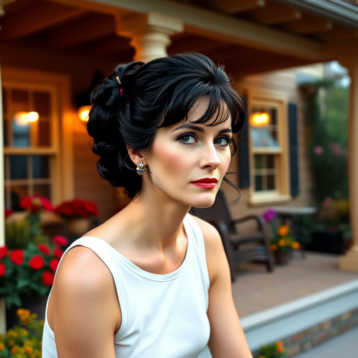 A photo of Greta Garbo with a background of a cozy porch. She has dark hair pulled back in an updo, with tendrils framing her face. She wears a white tank top and sits on the porch. The porch is part of a well-lit home with a warm, earthy tone and colorful flowers and foliage. The overall scene has a warm, welcoming, and comfortable ambiance.