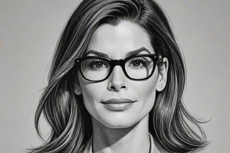 Splendid Sandra Bullock, pencil sketch, portrait of Wonderful woman 1950s in glasses, hair style beatnik, outline, clear lines, fine lines, 8k