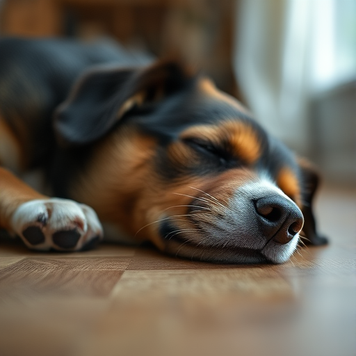 sleeping dog on wooden floor, focus on fur texture, Canon EOS R5, 50mm f/1.2 lens, ISO 200, shutter speed 1/250 sec, aperture f/2.8, natural light, shallow depth of field