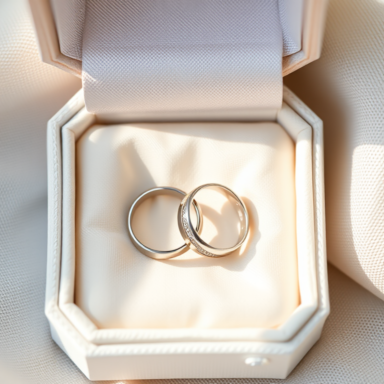 A pair of silver wedding rings resting on a cream fabric inside a white jewelry box, captured with a Canon EOS R5 at f/2.8, ISO 100, 50mm lens, with a soft natural light to enhance reflections and details.