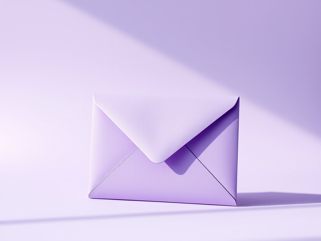 Create a hyper-realistic image of a purple envelope on a soft gradient background, captured with a 50mm lens at f/2.8, ISO 100, in natural light, using a DSLR camera for enhanced clarity and detail.