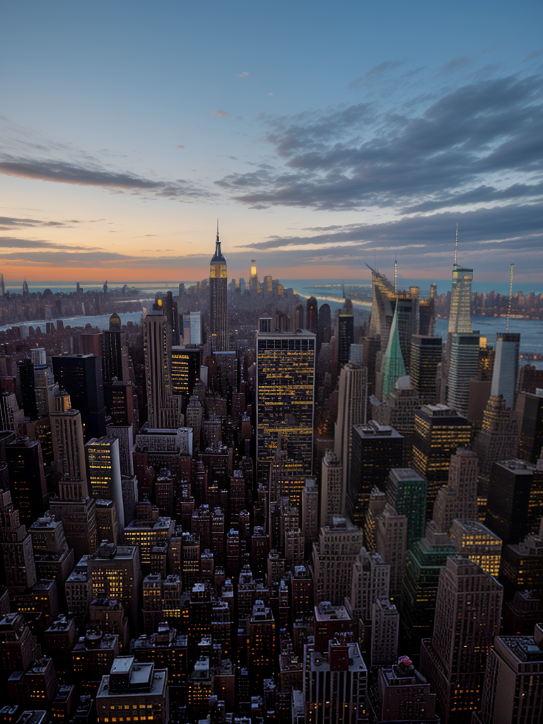 Stunning New York City Skyline at Dusk with Colorful Sunset Sky
