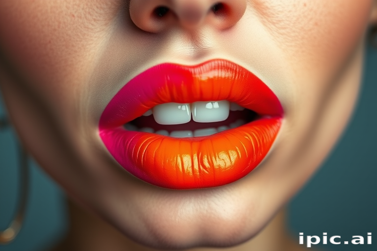 Striking two-toned lips with contrasting shades of fuchsia and orange, creating a bold and unique look that demands attention