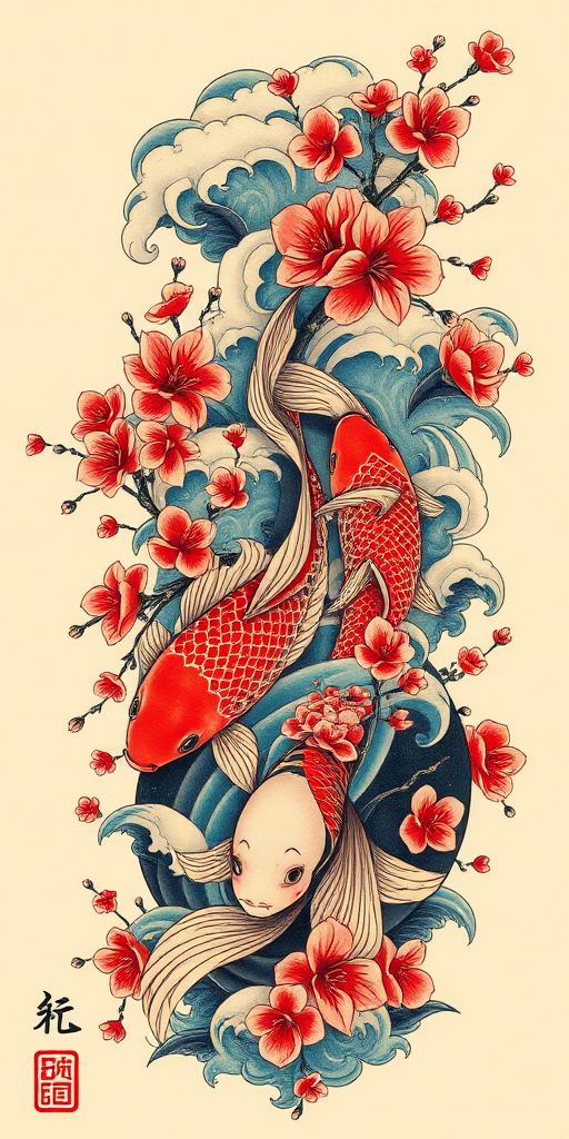 Japanese-inspired irezumi tattoo titled "Koi Cascade" featuring a large-scale full-body design of swirling water koi fish and cherry blossoms in vibrant traditional colors