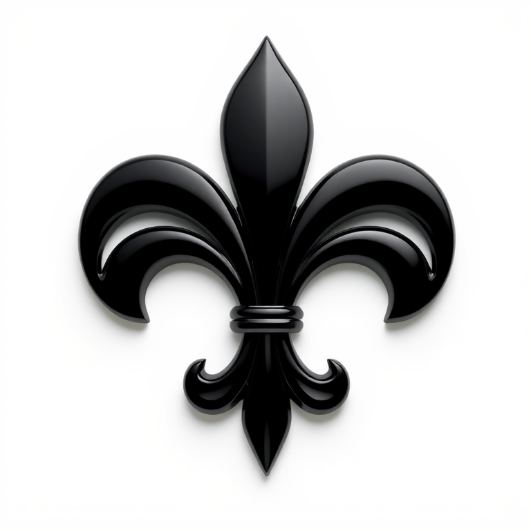 create a high-resolution 3D render of a black fleur-de-lis emblem with a glossy finish against a white background, use a 50mm lens, aperture f/8, ISO 100, and a 3-point lighting setup for enhanced depth and detail, shot with a DSLR camera.