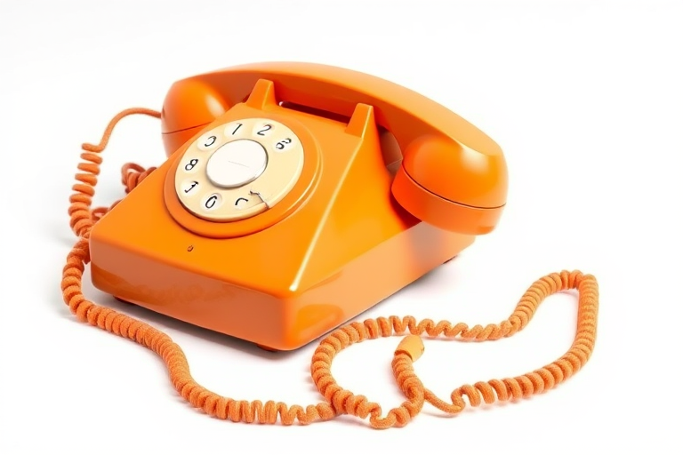 Create a high-resolution image of a vintage orange telephone with a curly cord, using a DSLR camera, 50mm lens, f/2.8 aperture, ISO 100, and natural light, focusing on a clean white background to enhance the contrast and details.