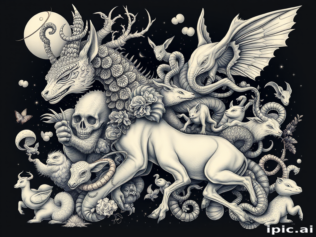 Surrealist "Dreamscape Menagerie" tattoo concept merging various animals and fantastical creatures in impossible combinations with fluid transitions and ethereal elements perfect for large-scale body art