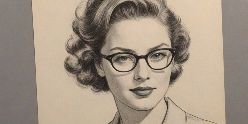 Pleasing Gina Kimmel, pencil sketch, portrait of Splendid woman 1946s in glasses, hair style beatnik, outline, clear lines, fine lines, 8k