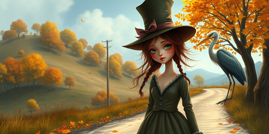 digital art fantasy depicting a strange girl with brown hair, long eyelashes, red lipstick and a tall hat walking along a winding road on an autumn afternoon, an Heron smiles as she passes