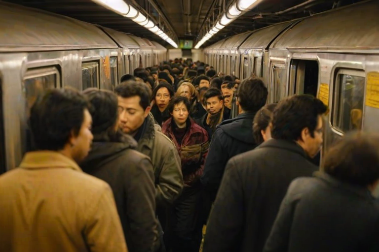 Low-resolution image of a crowded subway car during rush hour, passengers holding onto metal bars, soft overhead lights casting a yellow hue, the sound of murmured conversation and the rhythmic clatter of the train on the tracks, blurred faces of commuters lost in thought.