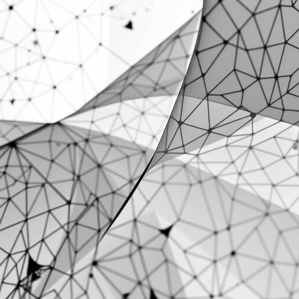 Generate a high-quality black and white abstract image featuring intricate geometric patterns, taken with a Canon EOS R5, 50mm lens, f/1.8 aperture, ISO 100, 1/125s shutter speed, in a soft natural lighting setup, with a focus on sharp details and a shallow depth of field.