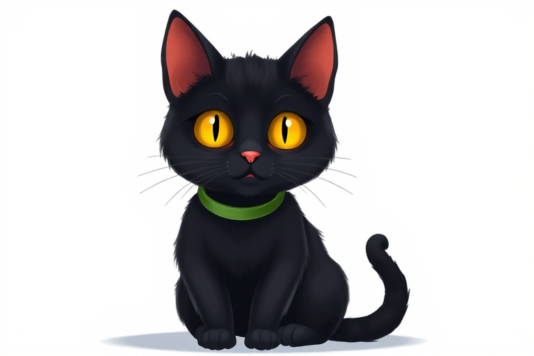 A detailed illustration of a black cat with large yellow eyes, sitting upright, wearing a green collar, on a plain background; captured with a DSLR camera at f/2.8, ISO 100, 50mm lens, using soft natural lighting to enhance color and texture.