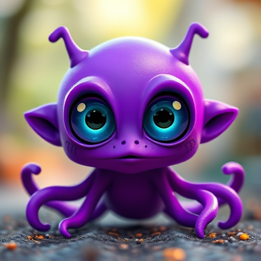 Create a vibrant, high-resolution digital illustration of a cartoonish purple alien creature with large eyes and tentacle-like appendages, using a Canon EOS R5 with a 50mm lens, f/1.8 aperture, ISO 100, and a shallow depth of field for a soft background.