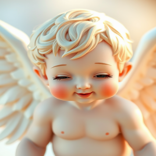 Create a high-resolution digital illustration of a cherubic figure with wings, in soft pastel colors, featuring a playful expression, captured in a close-up view using a DSLR camera at f/2.8 aperture, 50mm lens, and natural lighting for a warm tone.