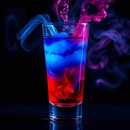capture a high-resolution image of a glass filled with a liquid displaying vibrant blue and red colors, with swirling smoke elements around it, using a DSLR camera with a 50mm lens, f/1.8 aperture, ISO 100, 1/200s shutter speed, in a dark studio setting with backlighting for dramatic effect