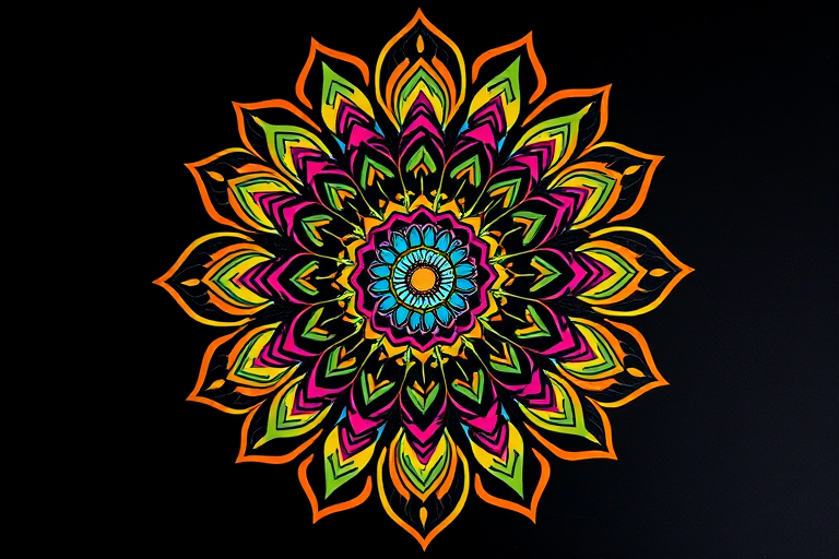 Generate a vibrant mandala design featuring intricate patterns and lively colors set against a black background, photographed with a Canon EOS R5, 50mm lens, f/1.8 aperture, ISO 100, and shot from a top-down perspective to enhance detail and depth.