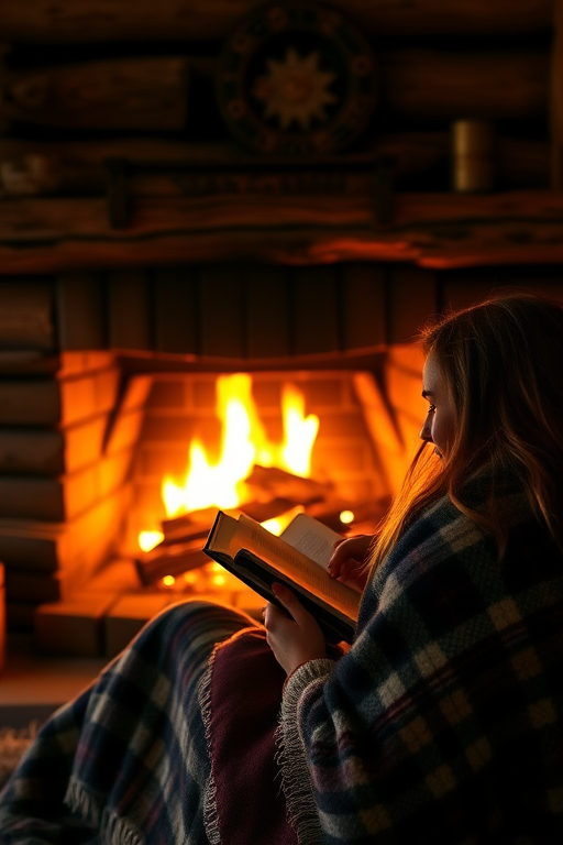 Cozy fireplace in a rustic cabin, a woman curled up with a blanket and a good book, the flames dancing warmly, creating an inviting and relaxing scene.