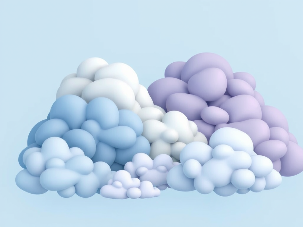 Create a digital illustration of various cartoon-style clouds in shades of blue, gray, and lavender against a soft pastel blue background, use a high-resolution setting with a Canon EOS R5 and a 50mm f/1.8 lens, focus on vibrant color contrast and smooth texture for enhanced depth.