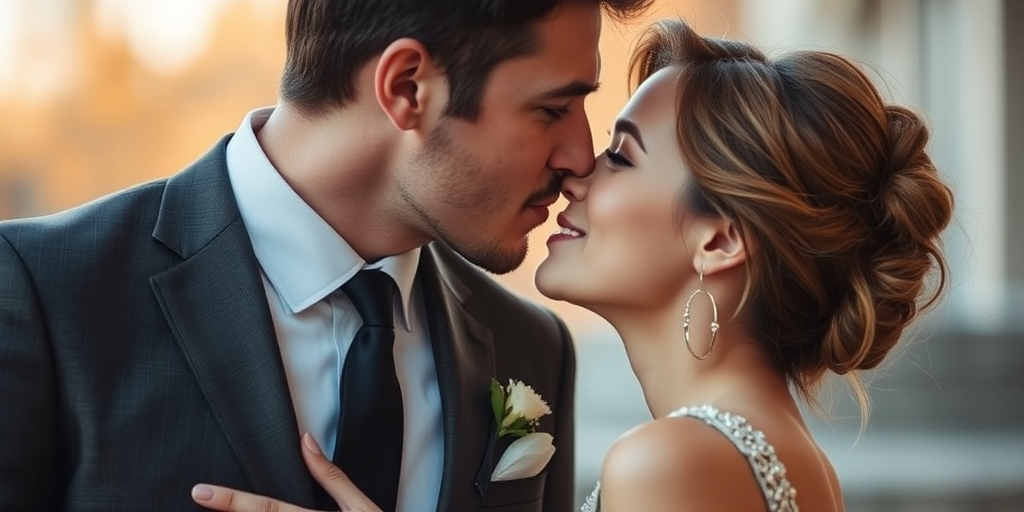 Capture an intimate moment between a man in a tailored suit and a woman in an elegant dress, soft focus on their faces as they lean in for a kiss, natural lighting with warm tones, aperture f/1.8, shutter speed 1/50s, ISO 200, 85mm lens, portrait style.