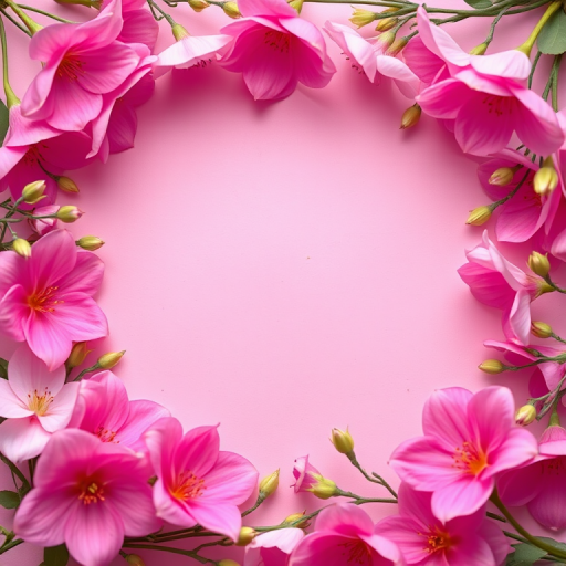 Floral frame design with pink flowers on a pastel pink background, soft lighting, close-up view, 50mm lens, f/2.8 aperture, high resolution.