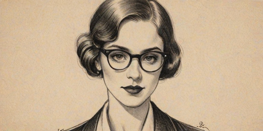 Elegant Madison Bailey, pencil sketch, portrait of Sublime woman 1923s in glasses, hair style beatnik, outline, clear lines, fine lines, 8k