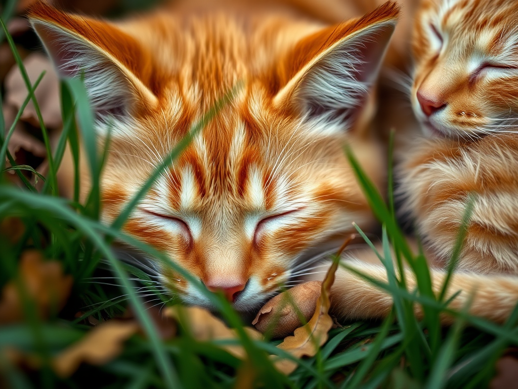 A close-up of a sleeping orange tabby cat nestled among green grass and fallen leaves, captured with a Canon EOS R5 at f/2.8, ISO 200, shutter speed 1/250s, natural light, shallow depth of field for soft background blur.