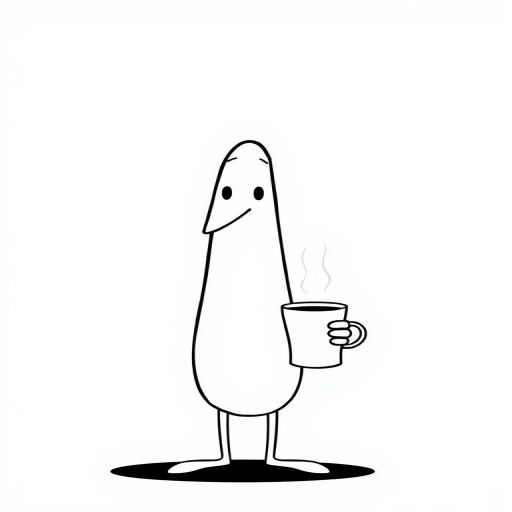 A simple cartoon character with a long oval head and a neutral expression holding a steaming cup of coffee with one hand while the other hand is positioned near its body, drawn in a minimalistic black line style against a plain white background.