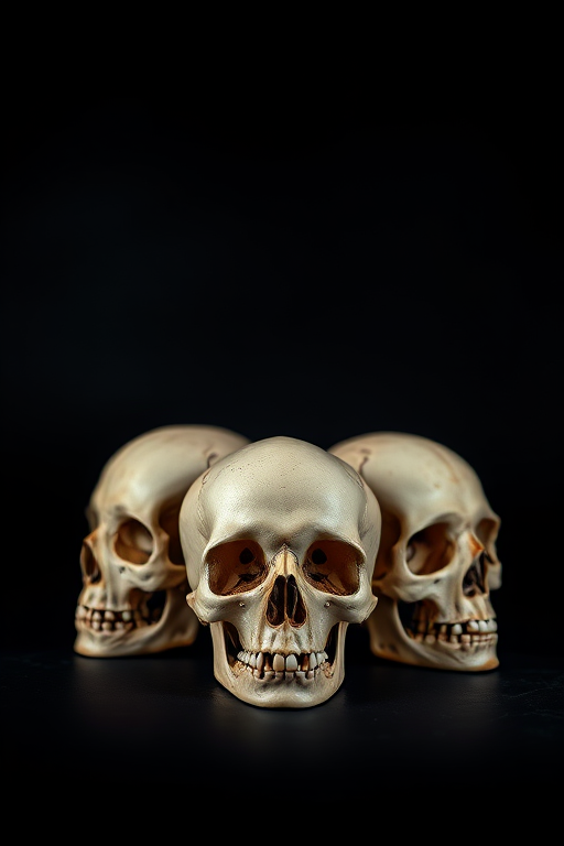 Create a high-resolution image of three artfully arranged human skulls blending into an abstract dark background with dramatic lighting, using a DSLR camera with a 50mm lens at f/1.8, ISO 100, and a shutter speed of 1/125s, in a shallow depth of field.