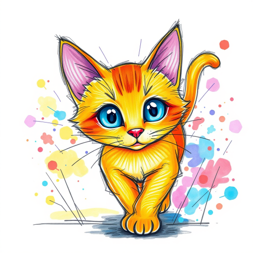 A vibrant childs coloured pencil drawn illustration of a bright orange cat with large, expressive blue eyes, a very cute style. The cat appears to be walking towards the viewer, surrounded by an abstract splash of colors and fine black lines, giving the image a dynamic and artistic flair. The background is a soft beige, highlighting the cat's vivid coloration and playful demeanor. Naively drawn scratchy line style.