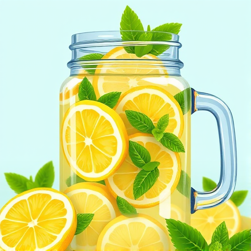 Create a vibrant illustration of a mason jar filled with lemonade, featuring fresh lemon slices and mint leaves, using a high-resolution digital art style. Camera settings: ISO 100, aperture f/2.8, shutter speed 1/125s. Camera view: close-up. Camera style: bright and colorful. Camera type: digital illustration.