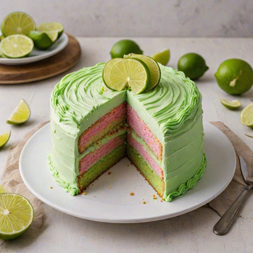 Create an image of a vibrant green cake with pink frosting, topped with thinly sliced lime pieces. The cake should be cut to reveal its layers, with a slice displayed separately on a white plate. Surround the cake with additional lime slices on a light wooden surface.
