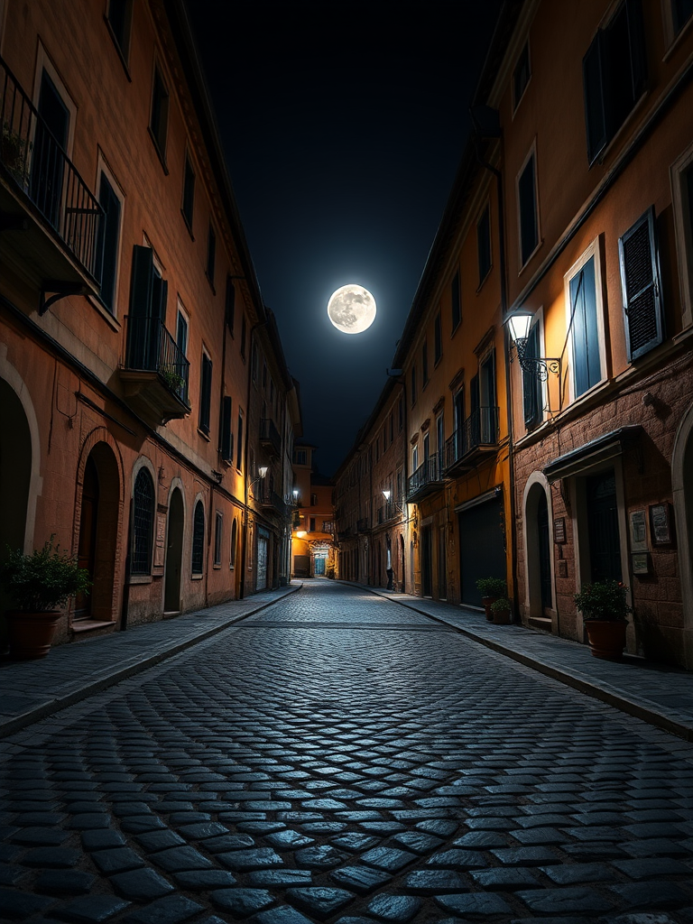 Create a high-resolution artwork of an empty cobblestone street in a quaint Italian village at night, showcasing detailed architectural features with a full moon illuminating the scene, shot with a DSLR camera using a 35mm lens at f/8, ISO 400, with a slight vignette effect for depth.