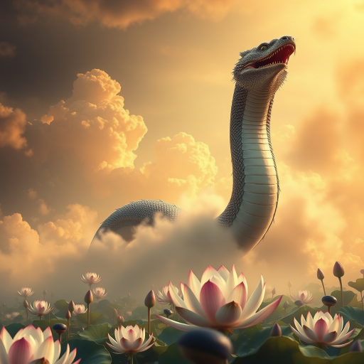 create a majestic scene with a colossal serpent emerging from a golden cloud landscape, surrounded by ethereal lotus flowers, captured with a DSLR camera at f/2.8, ISO 100, 50mm lens, soft focus background, high dynamic range, warm lighting and a wide-angle view for enhanced depth and detail