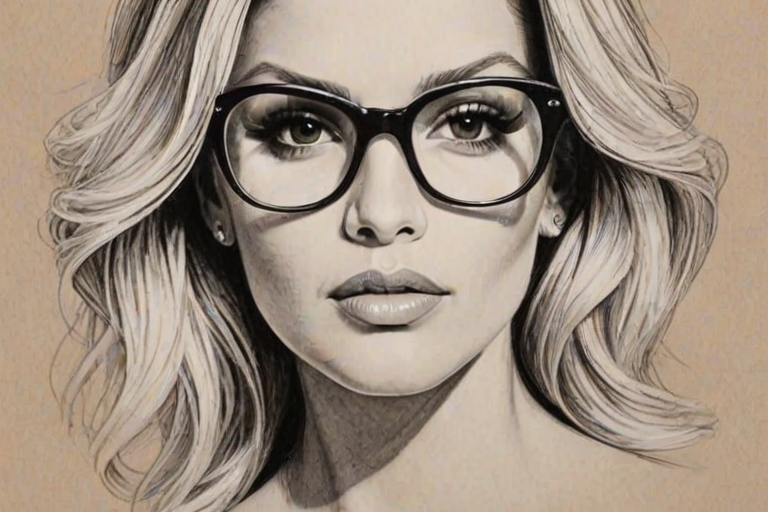 Fetching Jessica Simpson, pencil sketch, portrait of Ravishing woman 1967s in glasses, hair style beatnik, outline, clear lines, fine lines, 8k