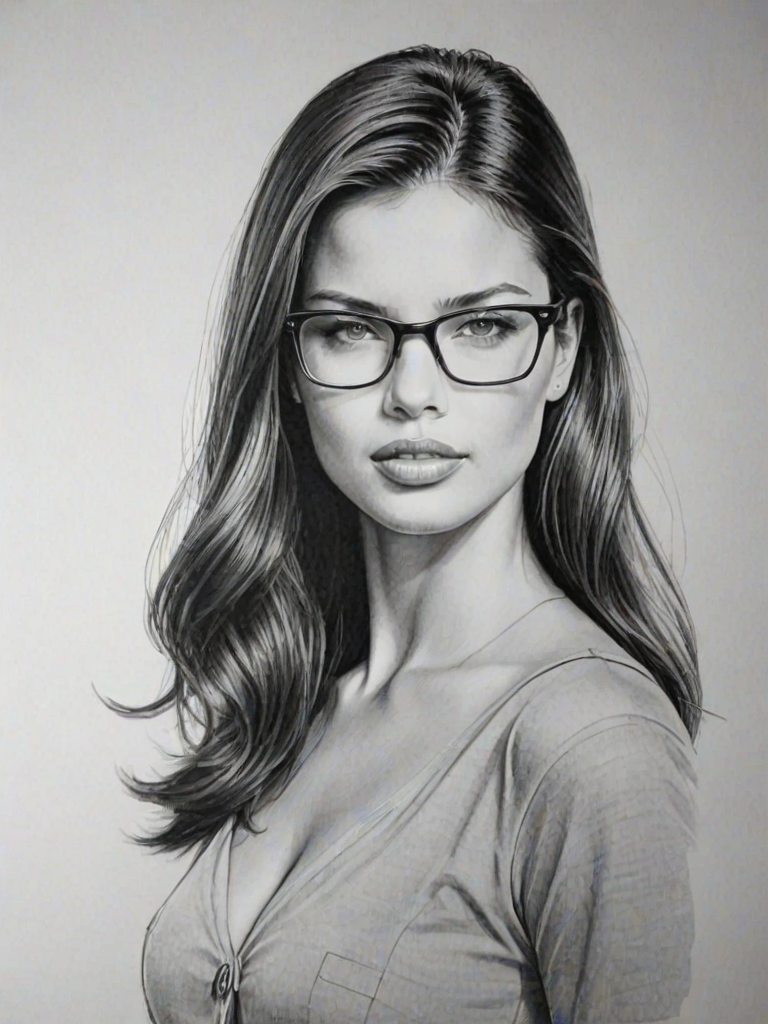 Enchanting Adriana Lima, pencil sketch, portrait of Charming woman 1963s in glasses, hair style beatnik, outline, clear lines, fine lines, 8k