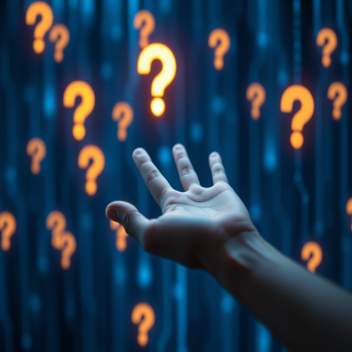 Create an image of a human hand reaching out towards glowing question marks in a digital network environment, with a blue background, using a DSLR camera at f/2.8, ISO 100, 1/125s, with a shallow depth of field and soft focus effect.