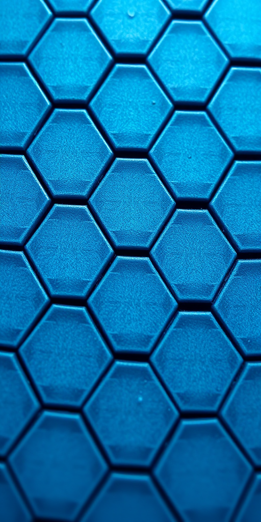 create a high-resolution image of a blue hexagonal pattern with a texture, using a macro lens on a DSLR camera, f-stop 11, ISO 100, 1/200s shutter speed, top-down view, soft lighting to enhance details and shadows