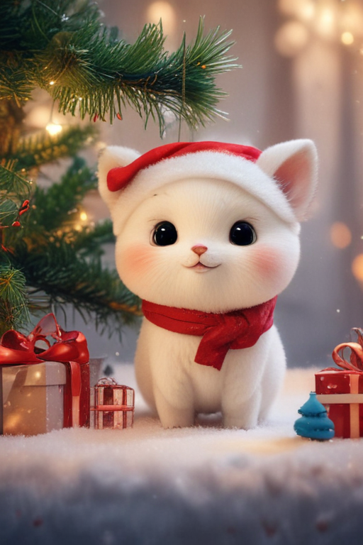 Adorable White Kitten in Santa Hat Surrounded by Festive Holiday Decor