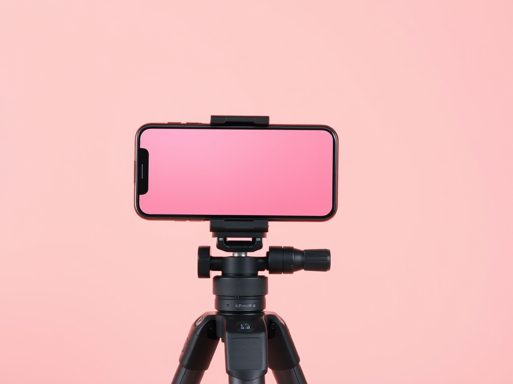 Create a high-resolution image of a smartphone mounted on a tripod against a smooth pastel background, using a DSLR camera with a 50mm lens, aperture set to f/1.8, shutter speed at 1/125s, and ISO 200 to ensure sharp focus and vibrant colors.