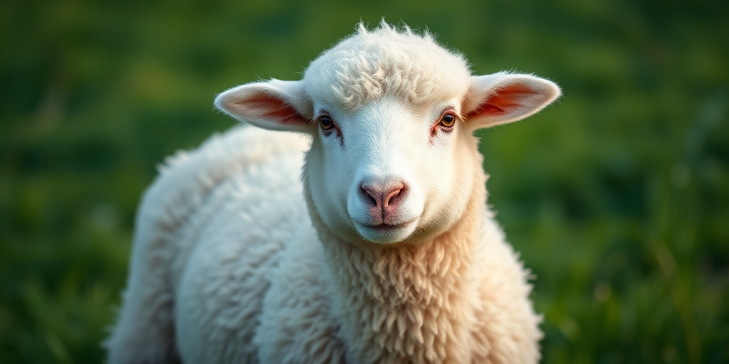 a fluffy white sheep standing on lush green grass, taken with a Canon EOS 5D Mark IV, aperture f/5.6, shutter speed 1/200s, ISO 100, with a shallow depth of field for a soft background blur, natural daylight, focus on the sheep's face