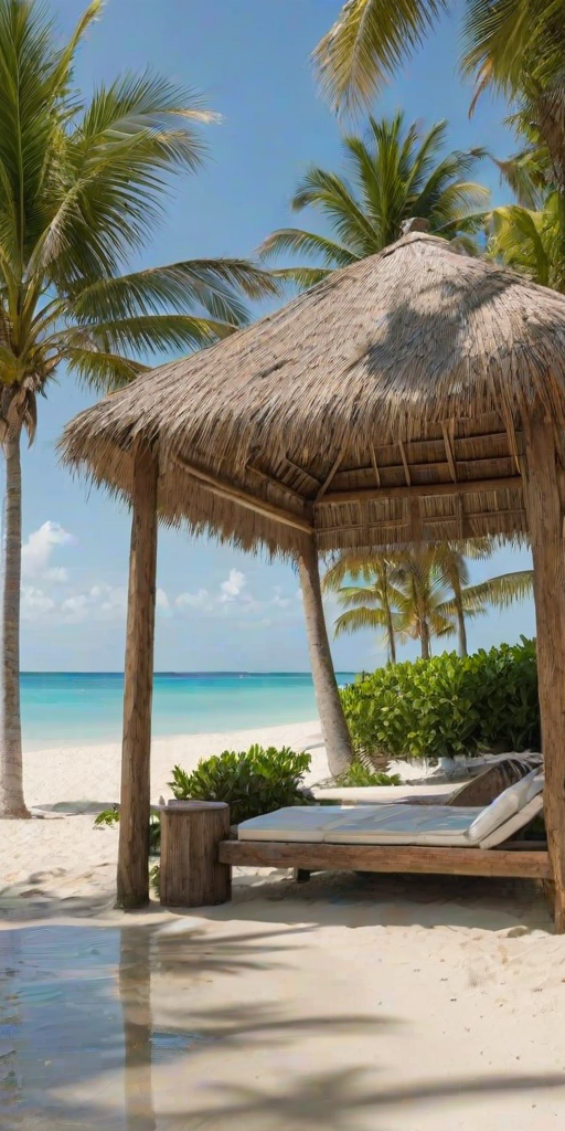 Create a picturesque tropical beach scene featuring a serene, white sandy shore. In the foreground, there's a rustic wooden canopy with white drapes gently flowing in the breeze. Underneath the canopy, a table is set with tropical decor, evoking a sense of relaxation and leisure. The beach extends into a calm, shallow water area with reflections of the sky and surroundings. Palm trees and lush greenery line the edge of the beach, providing a natural, tropical backdrop. The sky is clear with a few scattered clouds, and the overall atmosphere is tranquil and inviting, perfect for a peaceful retreat.