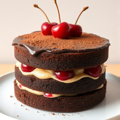 A delicious two-layer chocolate cake with a creamy filling and cherries, topped with chocolate frosting and a dusting of cocoa powder, presented on a simple white plate against a neutral background.