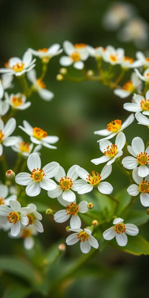 create a circular frame featuring white flowers with yellow centers and green leaves, shot with a DSLR camera at f/2.8 aperture, 50mm lens, natural lighting, and a soft focus background for enhanced image quality
