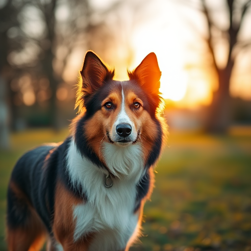 collie standing in a park during golden hour with a shallow depth of field, 50mm lens, f/1.8, ISO 100, shutter speed 1/200s, DSLR camera, soft natural lighting, focus on the dog's face, vibrant colors and sharp details