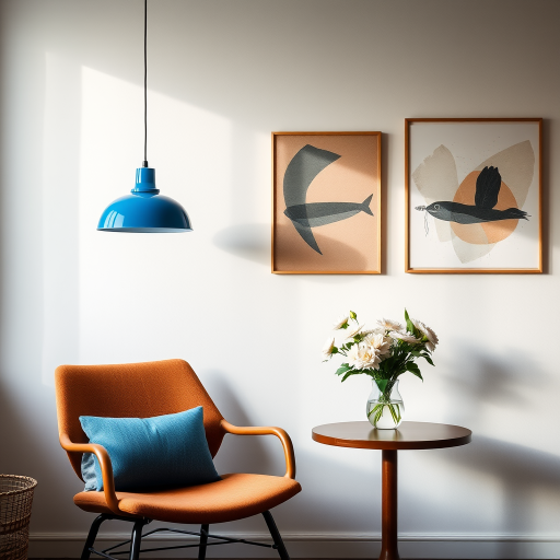 create a cozy interior scene featuring a modern blue pendant light, a stylish brown chair with a blue cushion, a round table with stacked books, a vase of flowers, and abstract wall art, captured with a DSLR camera at f/4.0 aperture, ISO 200, 50mm lens, and natural light for a soft, inviting atmosphere