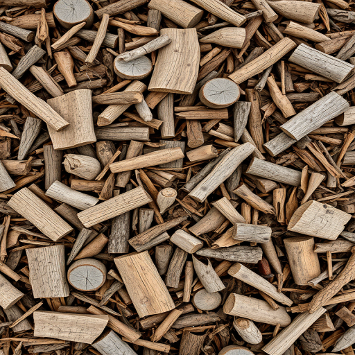 Close-up shot of wood mulch on the ground, taken with a DSLR camera at f/5.6 aperture, ISO 100, 50mm lens, in natural light, overhead view, with high dynamic range for enhanced texture detail.
