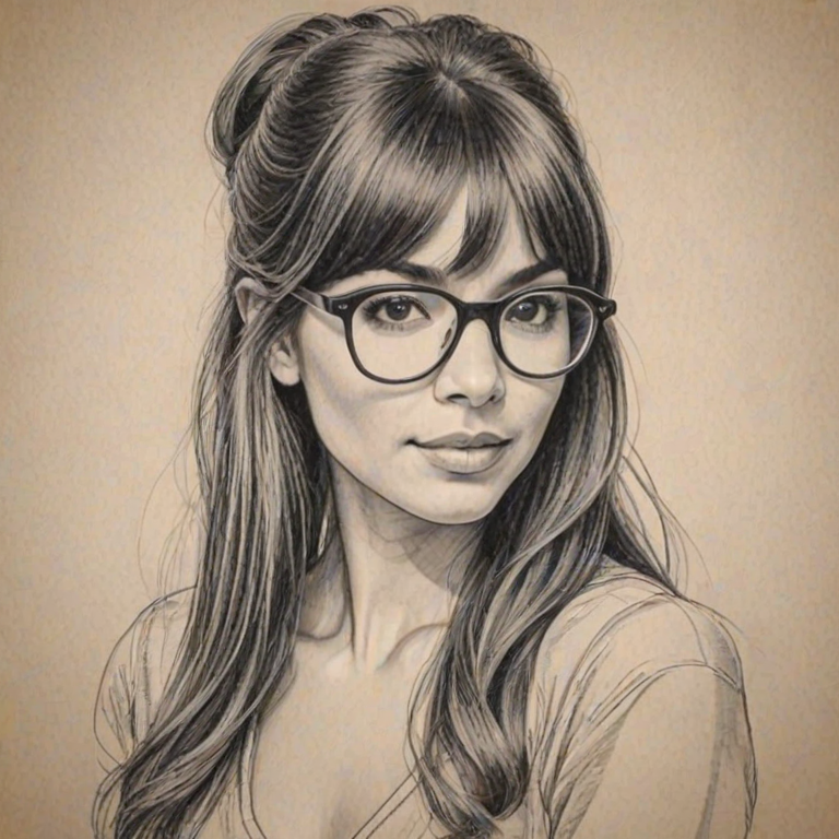 Stunning Hannah Simone, pencil sketch, portrait of Beauteous woman 1970s in glasses, hair style beatnik, outline, clear lines, fine lines, 8k