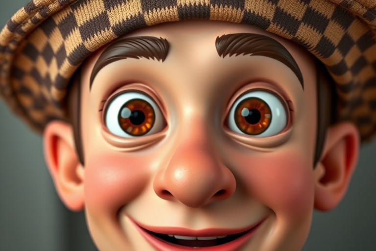 Create a cartoonish face of a man with a brown checkered hat, large expressive eyes, an open mouth showing red lips, and a flat nose, captured in high resolution with a DSLR camera at f/2.8 aperture, 50mm lens, 1/125 sec shutter speed, with a shallow depth of field to focus on the facial details.